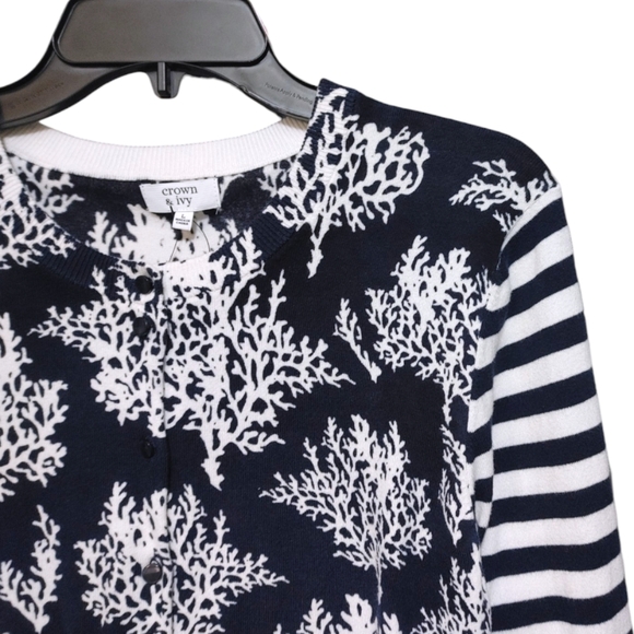 Crown & Ivy Navy Blue Coral Stripe Button Cardigan Sweater Women Size Large NWT - Picture 3 of 8
